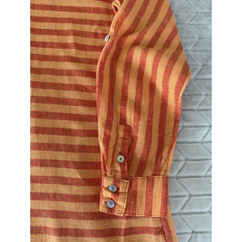 Tahari Linen Blend Striped Long Sleeve Tunic Roll-Tab Orange Medium Boho Chic M - Picture 5 of 8